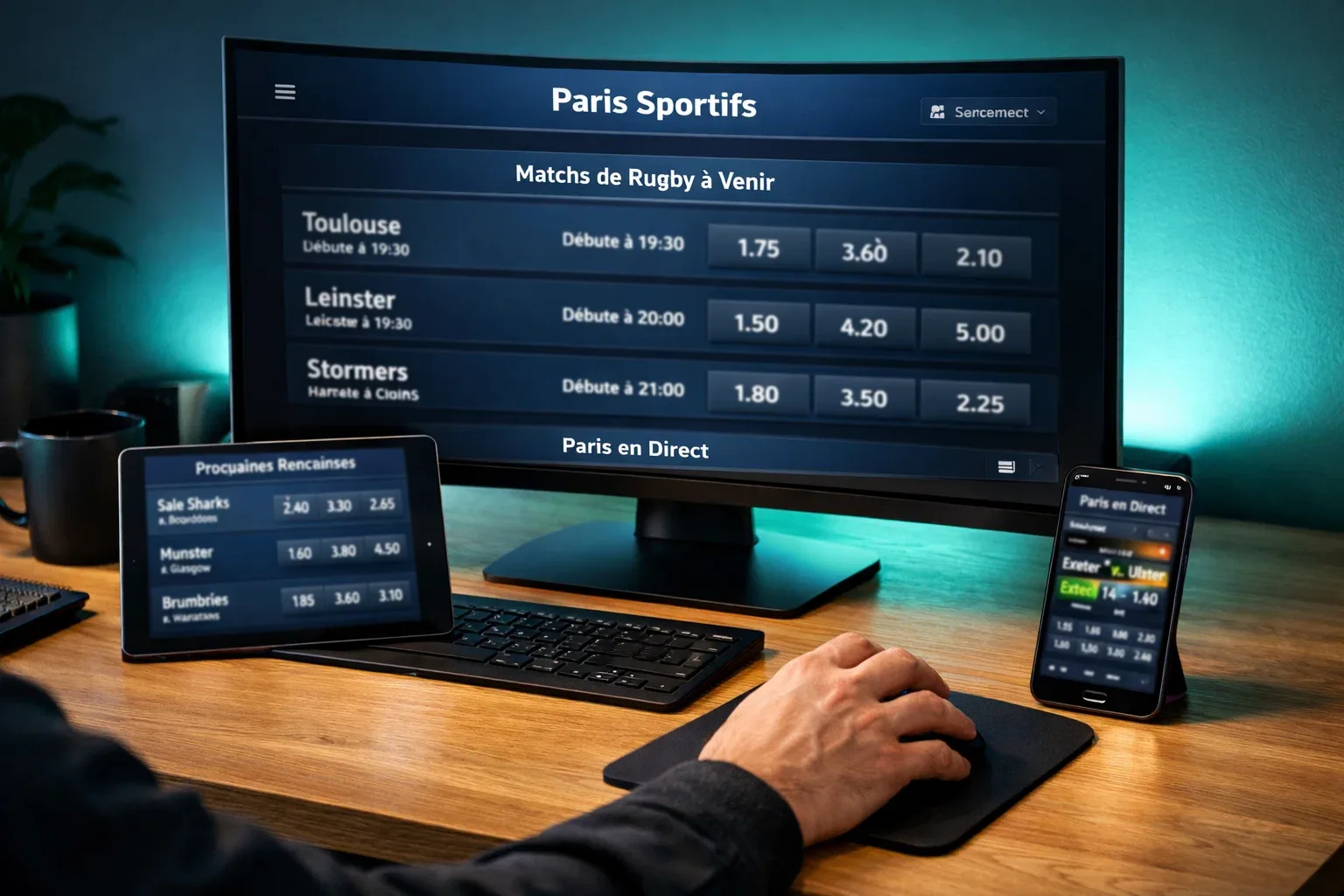 Interface de paris sportifs affichant des matchs de rugby