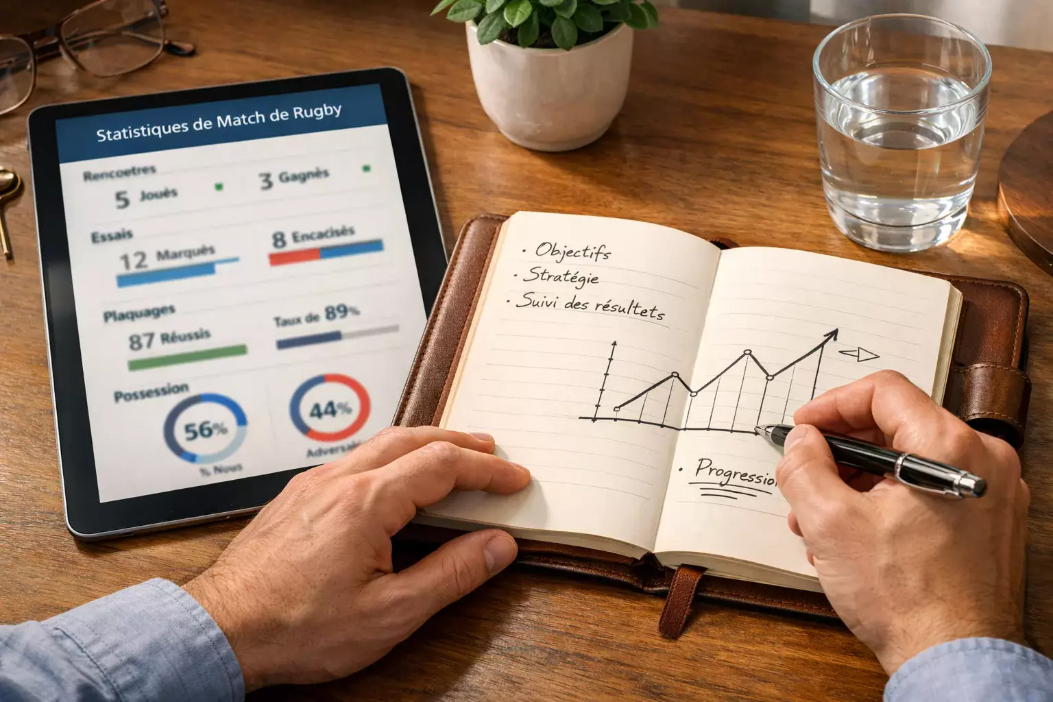Personne analysant des statistiques de rugby dans un carnet