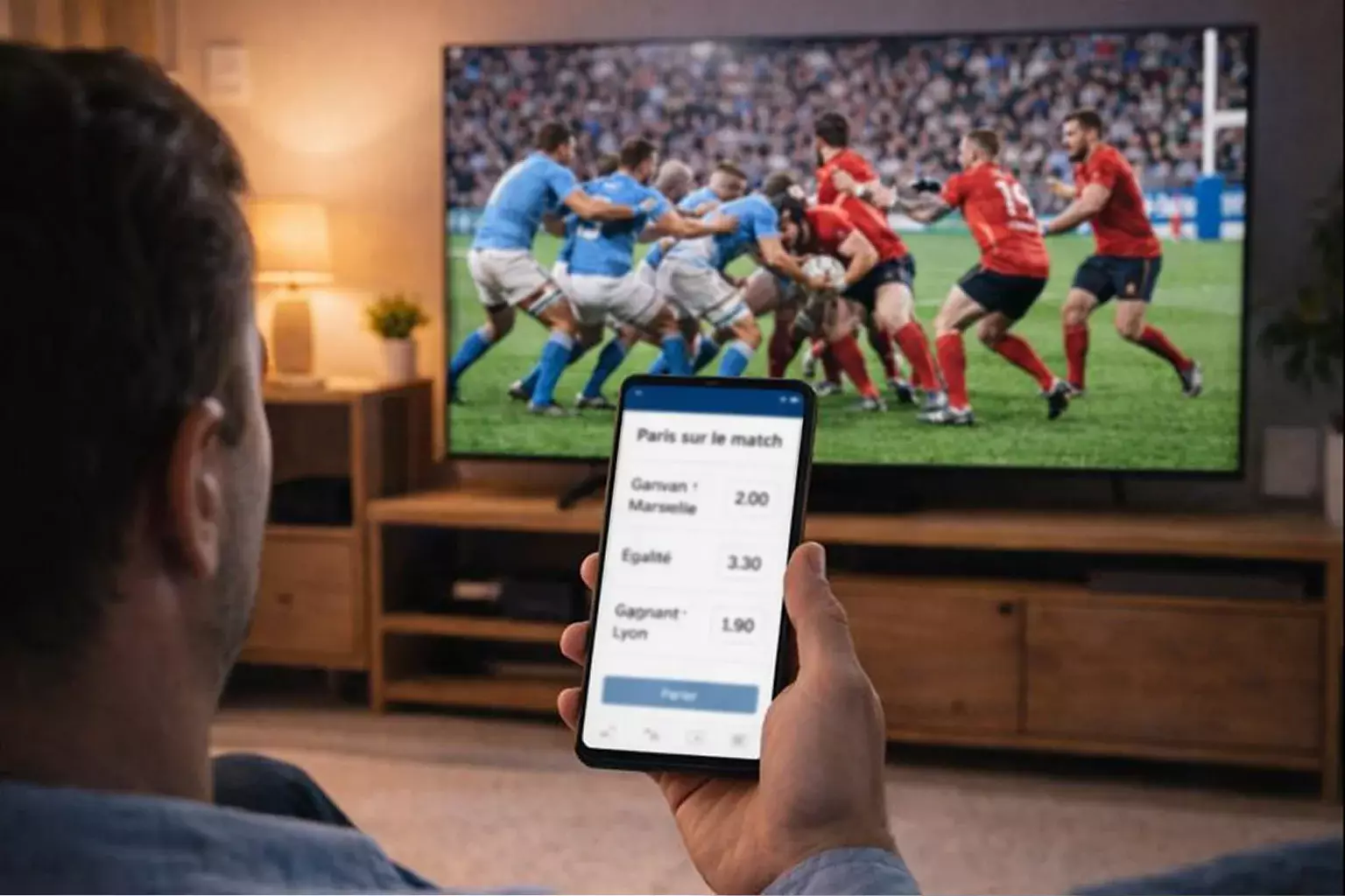 Supporter regardant un match de rugby sur écran avec téléphone