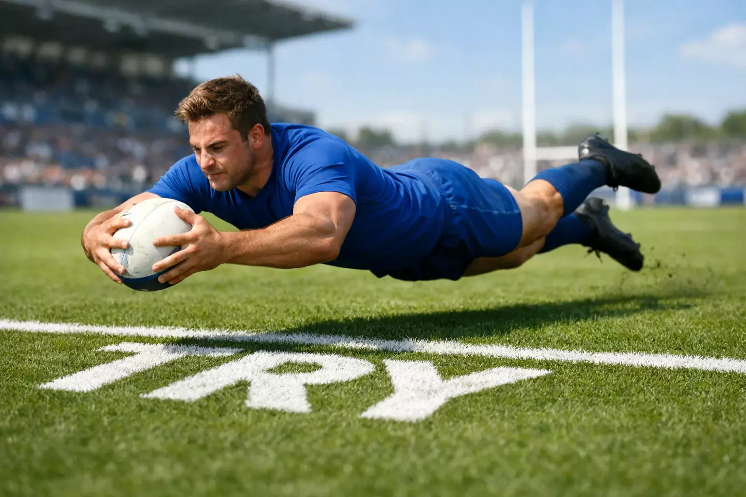 Joueur de rugby marquant un essai en plongeant dans l'en-but