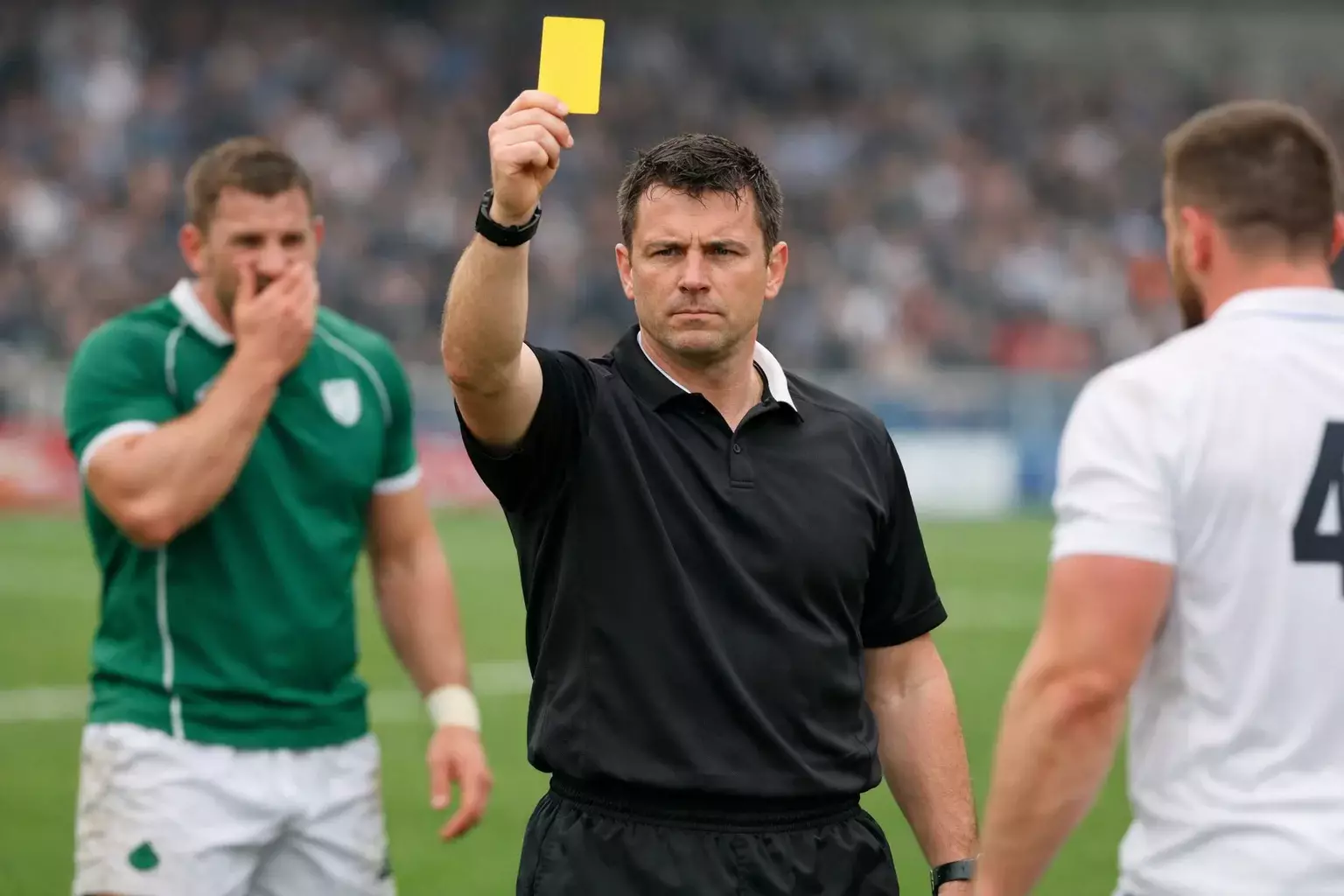 Arbitre de rugby brandissant un carton lors d'un match