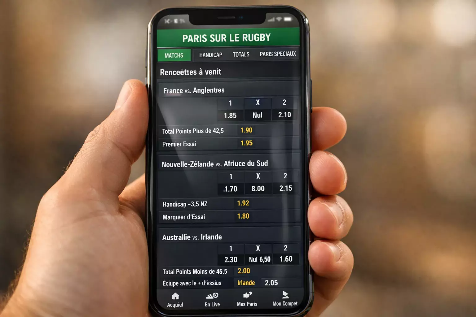 Application mobile de paris sportifs affichant des cotes rugby