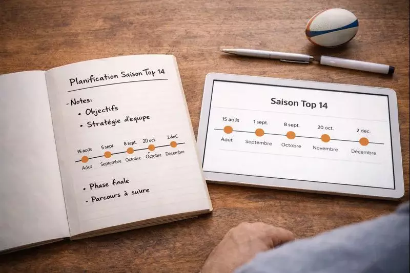 Planning de saison rugby avec dates des matchs sur un bureau