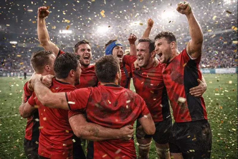 Équipe de rugby Toulouse célébrant une victoire en maillot rouge