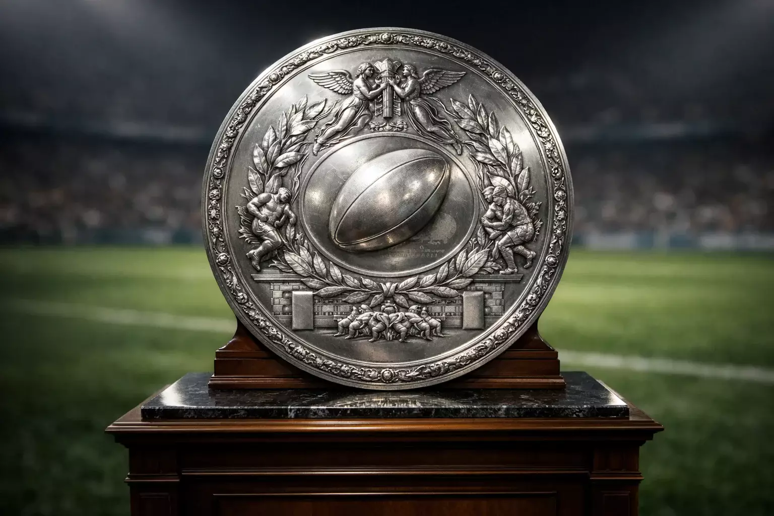 Le Bouclier de Brennus exposé sur fond de terrain de rugby