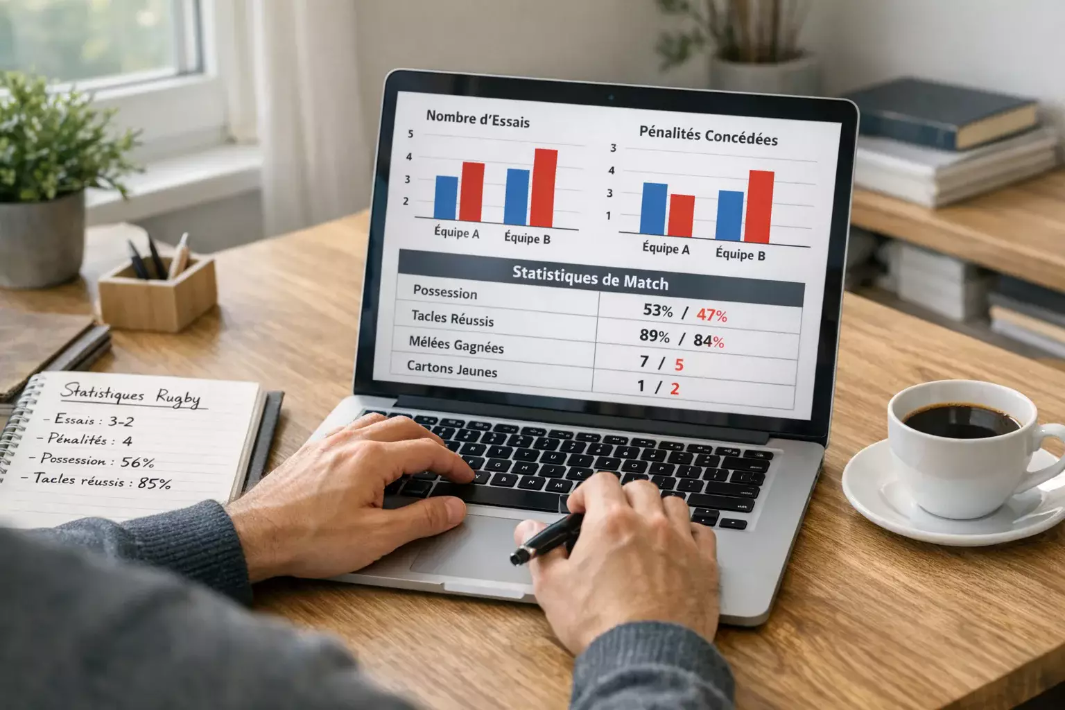Personne analysant des statistiques de rugby sur ordinateur portable