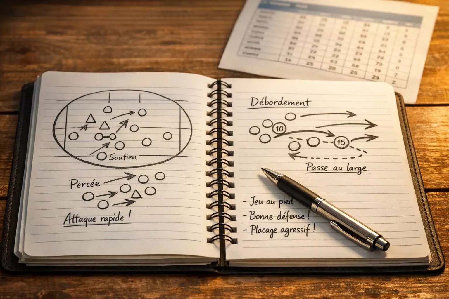 Carnet de notes avec analyse tactique de match de rugby
