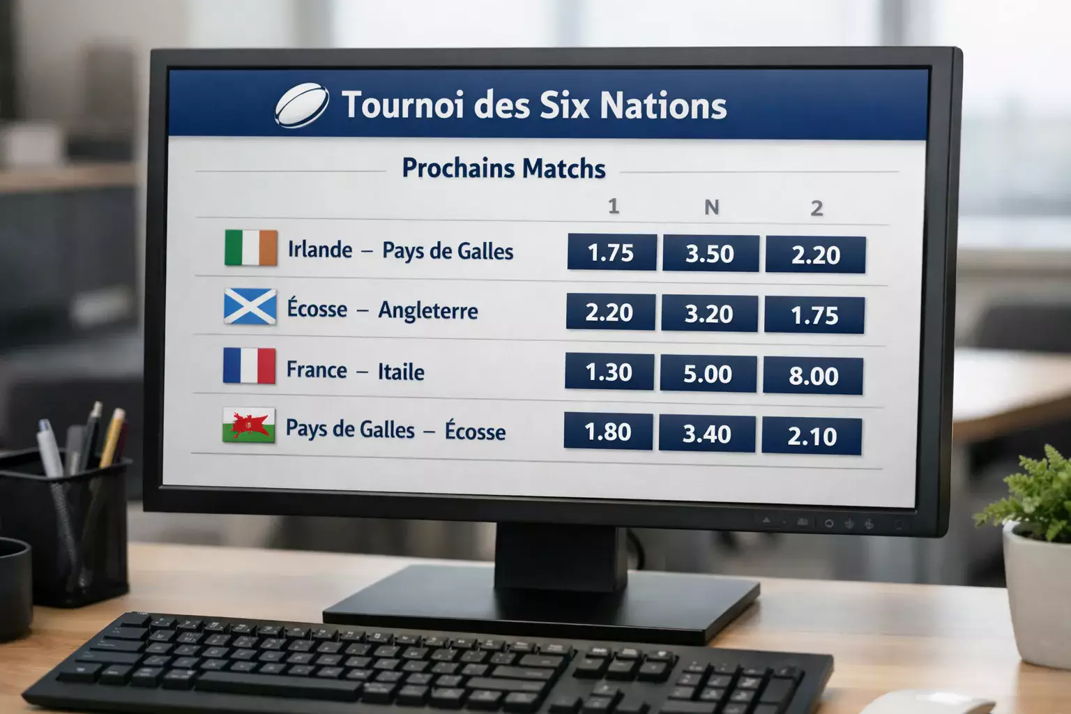 Écran de paris sportifs montrant les cotes du Tournoi