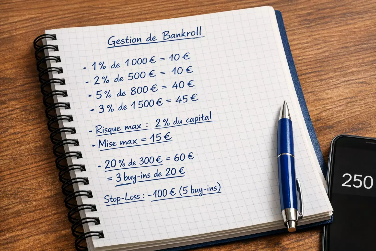 Bloc-notes avec calculs de gestion de bankroll et symbole €