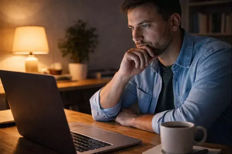 Parieur réfléchissant devant son ordinateur en soirée