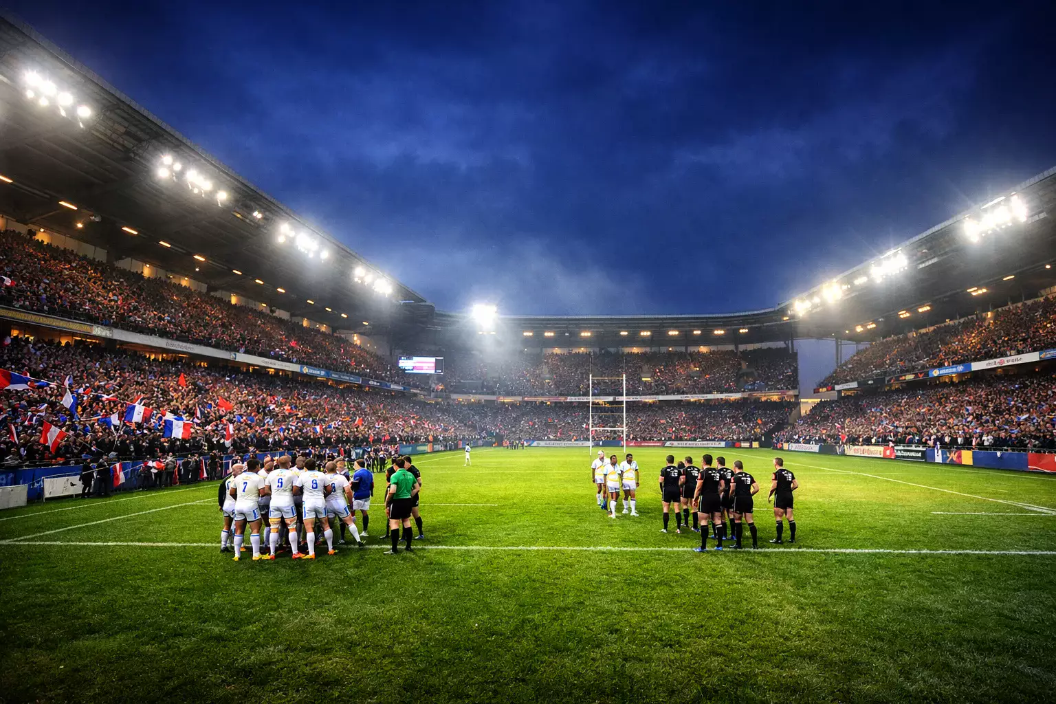 Stade de rugby plein lors d'un match de Top 14 en soirée